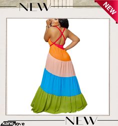 Women's Spring Summer Sleeveless Low Back Colorblock Sling Loose Dress Summer Sleeveless Color Block Maxi Dress, Sleeveless Color Block Maxi Dress For Summer, Sleeveless Color Block Summer Maxi Dress, Green Sleeveless Suspender Dress For Beach, Multicolor Spaghetti Strap Sundress, Chic Multicolor Color Block Maxi Dress, Summer Party Dress With Contrast Color, Multicolor Maxi Halter Dress For Beach Season, Spring Beach Color Block Maxi Dress