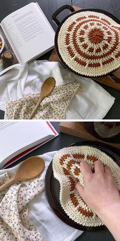 two pictures show the process of crocheting a dish cover with yarn and spoons