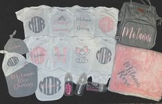 This is a listing for Kalex Kreations Personalized LARGE Baby Bundle. This set includes: *6 Onesies *2 Bibs *2 Hats  *3 Burpees *3 Bottles *Diaper Bag *Blanket  *Baby Box  All items are personalized & comes in the color scheme of your choice. Please message me with any questions or concerns you may have. Personalized Cricut Gifts Baby, Cricut Baby Shower Gifts One Piece & Sets, Customizable White Gift Sets, Monogrammed Baby Clothes, Custom Baby Items, Sophisticated Baby Shower, Cricut Onesies, Luxury Baby Clothes, Baby Storage