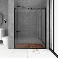 a bathroom with a glass shower door next to a white toilet and wooden flooring