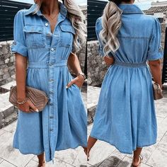 Get a casual shirt dress look with - Denim Dress. Lightweight denim gives this dress structure, while retro details at the shoulders, pocket and the pleated waist give a cool girl vibe. The sleeves are nicely rolled up, and the long dress length makes it a favorite for a slightly more elegant - but still edgy - look. Whether you're heading out for a cup of coffee or running errands, this Lola - Denim Dress will keep you moving in cool comfort all day long. This dress is made of 100% denim for so Summer Dark Wash Denim Dress With Buttoned Pockets, Casual Cotton Shirt Dress In Solid Color, Casual Spring Shirt Dress In Solid Color, Denim Blue Cotton Dresses With Buttoned Pockets, Spring Denim Blue Dresses With Buttoned Pockets, Spring Denim Blue Dress With Buttoned Pockets, Casual Solid Knee-length Shirt Dress, Casual Solid Color Knee-length Shirt Dress, Summer Shirt Dress With Pockets For Day Out