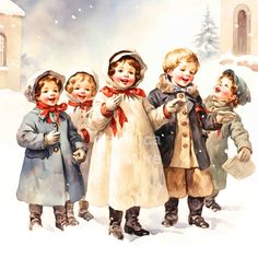 a group of children standing next to each other in the snow