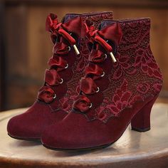 Category:Boots; Upper Materials:Lace; Embellishment:Lace; Season:Winter,Fall,Spring; Heel Type:Kitten Heel; Gender:Women's; Toe Shape:Round Toe; Type:Booties Ankle Boots; Style:Elegant,Fashion,Vintage; Heel Height(inch):1-2; Outsole Materials:Rubber; Occasion:Outdoor,New Year,Valentine's Day,Party; Closure Type:Lace-up; Listing Date:12/19/2023; 2024 Trends:Heel Boots,Plus Size Steampunk Costumes, Boots Plus Size, Cheap Ankle Boots, Glamour Vintage, Wedding Boots, Suede High Heels, Vintage Boots, Fabulous Shoes