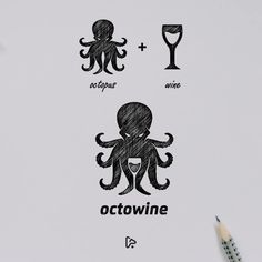 an octopus is sitting on top of a piece of paper next to a pencil and some wine glasses