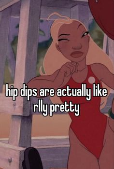 a woman in a red swimsuit with the words hip dips are actually like riley pretty