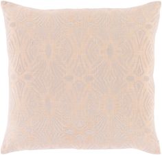 a beige pillow with an intricate design on the front and back, sitting on a white background