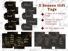 the 5 sense gift tags are shown in gold and black, along with instructions for how to use them