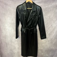 In Excellent Condition. No Flaws Fitted Faux Leather Long Coat, Fitted Long Coat In Faux Leather, Fitted Long Faux Leather Coat, Black Double-breasted Leather Jacket For Fall, Winter Business Faux Leather Outerwear, Black Leather Pea Coat For Workwear, Fall Double-breasted Outerwear For Night Out, Double-breasted Outerwear For Night Out In Fall, Double-breasted Outerwear For Fall Night Out