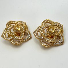 Elizabeth Taylor For Avon Pave Crystal Rose Clip Earrings 1995 Pave Crystal Rose Collection Gold Plate With Cz All Stones In Tact Clips With Comfort Pads 1 7/8" Diameter Susan Caplan Rediscovered Collection Selection No Original Box Excellent Condition Avon Jewelry, Crystal Rose, Elizabeth Taylor, Clip Earrings, Clip On Earrings, Original Box, Gold Plate, Jewelry Earrings, Women Jewelry