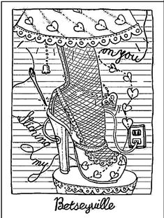 a black and white drawing of a woman's high heeled shoe with hearts on it