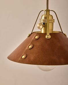 a brown lamp hanging from the ceiling with buttons on it's side and a white light bulb