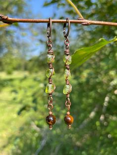 earthy antiqued copper and crystal earrings with glowy green peridot nuggets and 6mm round, flashy tigers eye stones✨ drop length is 2" choose your hypoallergenic hooks! Earthy Green Dangle Earrings, Green Copper Earrings With Ear Wire, Green Copper Earrings, Tiger Eye Earrings, Peridot Earrings, Earrings Crystal, Eye Earrings, Green Peridot, Tiger Eye Stone