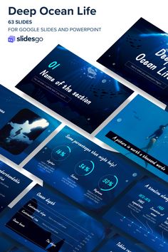 the deep ocean life powerpoint presentation is shown in blue and black colors, with an image