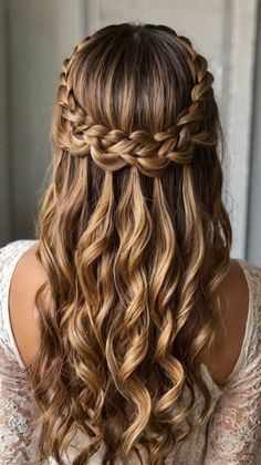 #hair #hairstyle #haircut #hairstylist #haircolor #hairfashion #haircare #hairideas #hairinspo #hairporn Fall Ball Hairstyles, Hair Styles For A Wedding Bridesmaid, Pretty Hairstyles For Long Hair Prom, Unique Homecoming Hairstyles, Wedding Hair Junior Bridesmaid, Half Braided Hairstyles Curly Hair, Classy Braided Hairstyles, Wedding Hairsyles, Half Up Half Down Braids