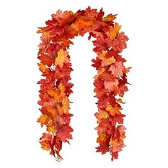 an orange and red fall leaf garland on a white background