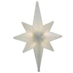 a white christmas ornament with lights on it's sides and an upside down star