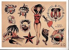 an old school pin up with tattoos and other things on it's back side