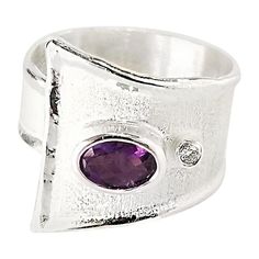 Yianni Creations Ammos Collection 100% Handmade Artisan Gorgeous Ring from Fine Silver featuring 1.25 Carat Amethyst accompanied by 0.03 Carat Brilliant Cut White Diamond complemented by unique techniques of craftsmanship - brushed texture and nature-inspired liquid edges. The core of this beautiful geometrical shaped ring is made from Fine Silver 950 purity, which is plated with Palladium, to protect the ring from the elements. Yianni Creations jewelry ensures both Artistic and Quality satisfac Micro Pave Ring, Beautiful Rings Vintage, Marcasite Jewelry, Amethyst And Diamond Ring, Artisan Rings, Gorgeous Ring, Tiffany Jewelry, Vintage Diamond Rings, Vintage Diamond