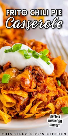 the cover of frito chili pie casserole is shown on a white plate