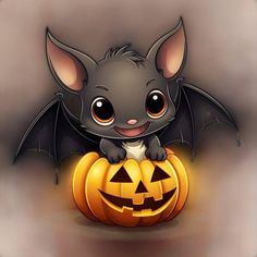 a little bat sitting on top of a pumpkin