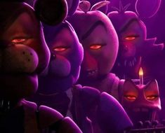 an animated character is surrounded by other characters in a dark room with purple lighting and red eyes