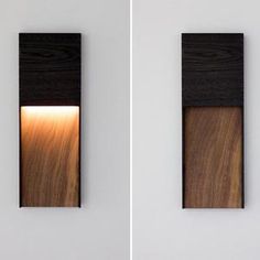 two different views of a wall light with wood in the middle and metal on the outside