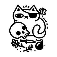 a black and white drawing of a cat holding a skull