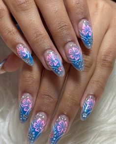 Hello Kitty Beach Nails, 2000s Summer Nails, Gyaru Nails Tropical, Hot Pink And Blue Nails, Y2k Summer Nails, Under The Sea Nails, Summery Nails, Nails Only