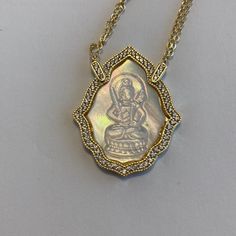 Beautiful Mother Of Pearl Curved Buddha, Station Necklace , In 14 K Over Sterling Silver, 18 Inches. Exquisite Engraved White Jewelry, Exquisite White Engraved Jewelry, Station Necklace, Silver Color, Mother Of Pearl, Jewelry Rings, Gold Necklace, White Gold, Pendant Necklace