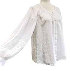 Beautiful White Linen Embroidered Peasant Boho Blouse By 120% Lino. Features: - 100% White Linen - Raglan Sleeve - Embellished Embroidered Puff Long Sleeves - Hidden Button Front Closure - Mother Of Pearl Buttons - Buttoned Cuffs Approx. Flat Measurements: 24" Long X 20" Pit To Pit X 22" Across Hem Women's Size 42 Or M Nwot. New Without Tag. Like New Condition. White Peasant Top, White Linen Blouse, Puff Long Sleeves, Boho Blouse, Linen Blouse, Long Puff Sleeves, Peasant Top, Peasant Tops, Boho Blouses