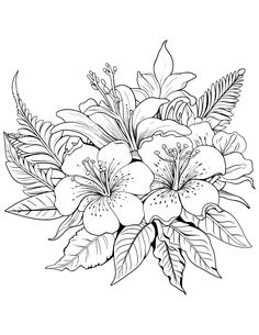 a black and white drawing of flowers with leaves on the bottom half of each flower