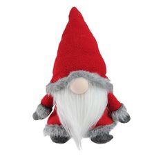 a red and gray stuffed gnome with white beard, sitting on a white surface in front of a white background