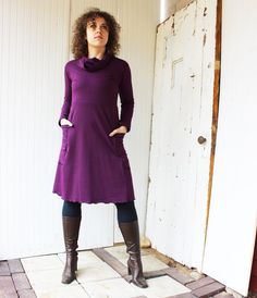 One of my new favorite designs this dress is a must have for fall and winter (or summer in Michigan). Made from a buttery soft soy and organic cotton french terry, this fabric is thick and warm like your favorite sweatshirt and feels so great on. Nice deep side cargo pockets will hold all your essentials and keep your hands toasty and warm. Looks great on its own, over leggings and boots, and the cowl neckline adds a nice touch under winter coats. Pictured in Grape (Sold out). COLORS: Dark Choco Fitted Dresses For Everyday Fall Wear, Fitted Everyday Dress For Fall, Everyday Fitted Dresses For Fall, Everyday Fitted Fall Dresses, Modest Cotton Dresses For Fall, Stretch Cotton Dresses For Fall, Relaxed Fit Cotton Dress For Winter, Organic Fabric, Dress Images