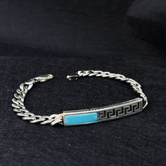 Men Turquoise Stone Tag Bracelet , Silver Chain Bracelet , Men Thick Chain Bracelet , Silver Curb Bracelet , 925k Sterling Silver Bracelet ★Item Details * Material : 925K Sterling Silver * Total weight : 29 Grams ✔ Ready to Ship in 1-2 Business Days .. ✔ Shipped to the Worldwide 1-5 business days with free shipping... ✔ The product will be sent to you with a handmade wooden box to avoid any damage during shipping... ✔ Visit our store, browse other Men's jewelry, silver and gold collections, and Men’s Turquoise Bracelet, Blue Engraved Sterling Silver Bracelets, Blue Sterling Silver Engraved Bracelet, Chain Bracelet Men, Chain Bracelet Silver, Mens Chain Bracelet, Mens Bracelet Silver, Bracelet Men, Big Rings