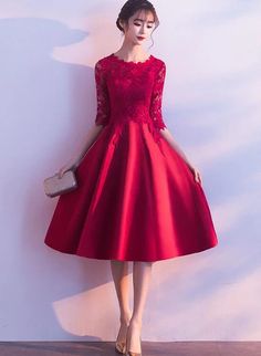 Beautiful Red Satin and Lace Party Dress 2020, Red Short Formal Dress – BeMyBridesmaid Red Knee-length Evening Dress For Prom Season, Red Knee-length Evening Dress For Prom, Red Prom Season Banquet Dress, Red Knee-length Prom Dress, Red Bridesmaid Evening Dress, Elegant Red Mother Of The Bride Dress For Banquet, Red Bridesmaid Dress For Prom Season, Elegant Red Bridesmaid Dress, Red Knee-length Bridesmaid Dress