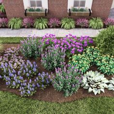 a garden with purple and white flowers in front of a brick building