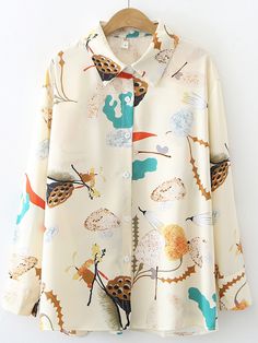 Women's Shirt Country Inspired Printed Long Sleeve Lapel Chiffon Shirt Top Spring Graphic Print Collared Blouse, Spring Graphic Print Collar Blouse, Spring Beige Printed Shirt, Beige Printed Collared Top, Beige Collared Printed Top, Chic Printed Button-up Blouse, Feminine Printed Button-up Tops, Chic Chiffon Button-up Top, Cotton Dress Pattern Indian