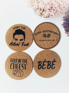 four coasters that say what the actual fricker is, follow in the cheese and bebe