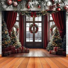 a room decorated for christmas with red and white decorations on the windowsills, wreaths and presents