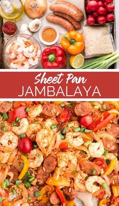 sheet pan jamba laya with shrimp, peppers and other food items in it