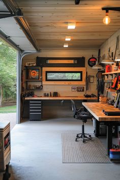 the inside of a garage with lots of tools