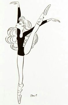 a black and white drawing of a ballerina in the air with her arms stretched out