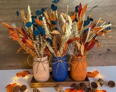 two mason jars filled with dried flowers and pine cones