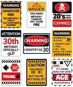 various warning signs are shown in different colors and sizes, including red, yellow, black, and white