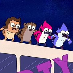 five cartoon characters are standing on the edge of a building and one is staring at something