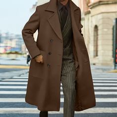 Season:Winter,Fall; Fabric:Polyester; Sleeve Length:Long Sleeve; Gender:Men's; Style:Casual,Fashion,Streetwear; Occasion:Daily Wear,Going out,Outdoor; Placket:Double Breasted; Pattern:Plain; Neckline:Lapel; Outerwear Type:Overcoat,Winter Coat,Long Trench Coat; Listing Date:10/12/2023; Bust:; Length:; Shoulder Width:; Sleeve: Fitted Solid Color Outerwear For Cold Weather, Fitted Outerwear For Cold Weather, Brown Single Breasted Outerwear For Winter, Solid Single-breasted Outerwear For Cold Weather, Solid Color Lapel Collar Outerwear For Winter, Single Breasted Long Winter Outerwear, Winter Long Single Breasted Outerwear, Winter Long Single-breasted Outerwear, Solid Long Pea Coat For Winter