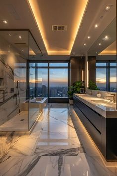 a large bathroom with marble flooring and walls, along with an enormous window overlooking the city