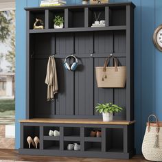 a wooden bench sitting next to a wall with shoes and purses on top of it