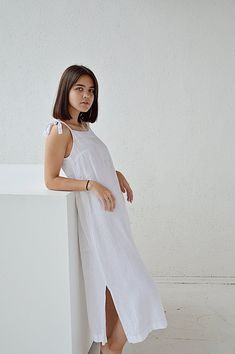 Linen night dress /Handmade sleepwear / Soft linen sleep | Etsy White Spring Maxi Sleep Dress, White Maxi Sleep Dress For Spring, Spring White Linen Dress With Tie Back, White Linen Dress With Tie Back For Spring, White Sleeveless Linen Dress With Tie Back, White Linen Dress With Straight Neckline For Summer, White Linen Dress With Tie Back, White Linen Dress With Straight Neckline, Summer Linen Sleep Dress