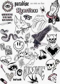 an assortment of tattoos and stickers on a white sheet with black lettering that says paradise,